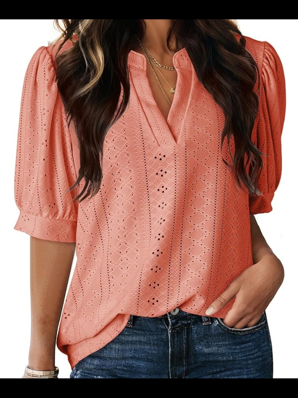 Women's Eyelet Puff Sleeve Top - Coral